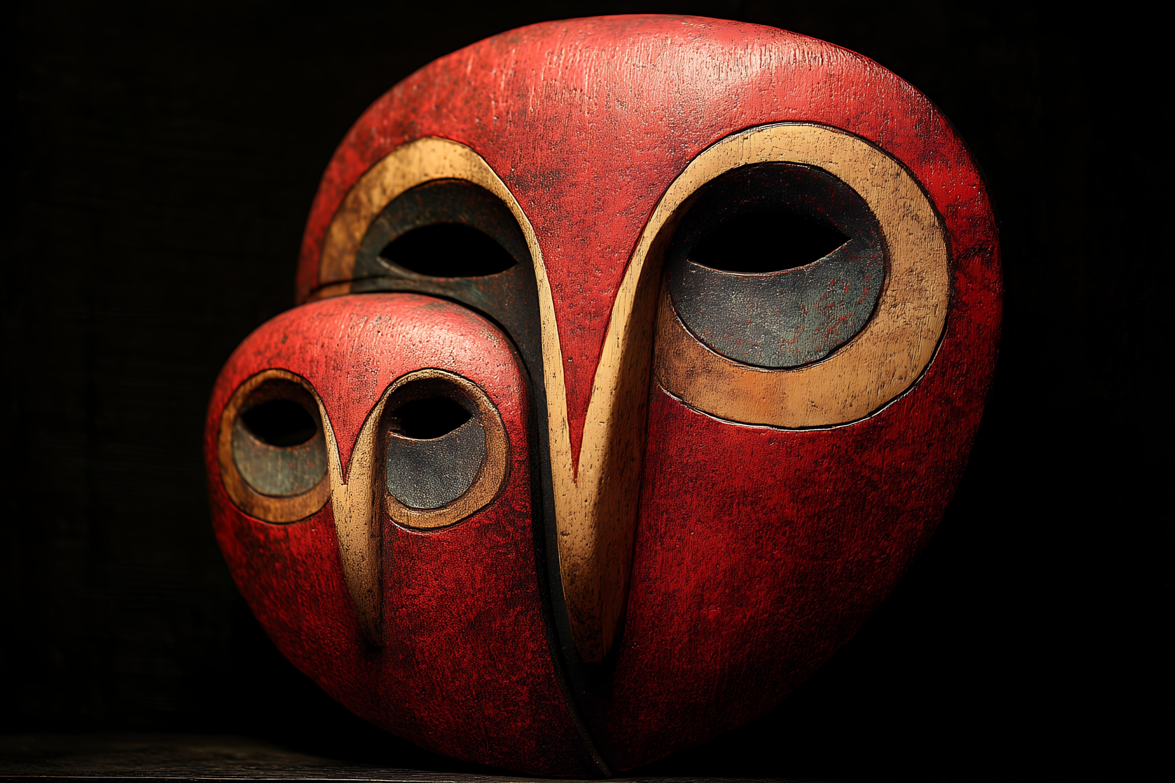 Masque sculpté en bois laqué rouge et or, éclairé sur fond sombre